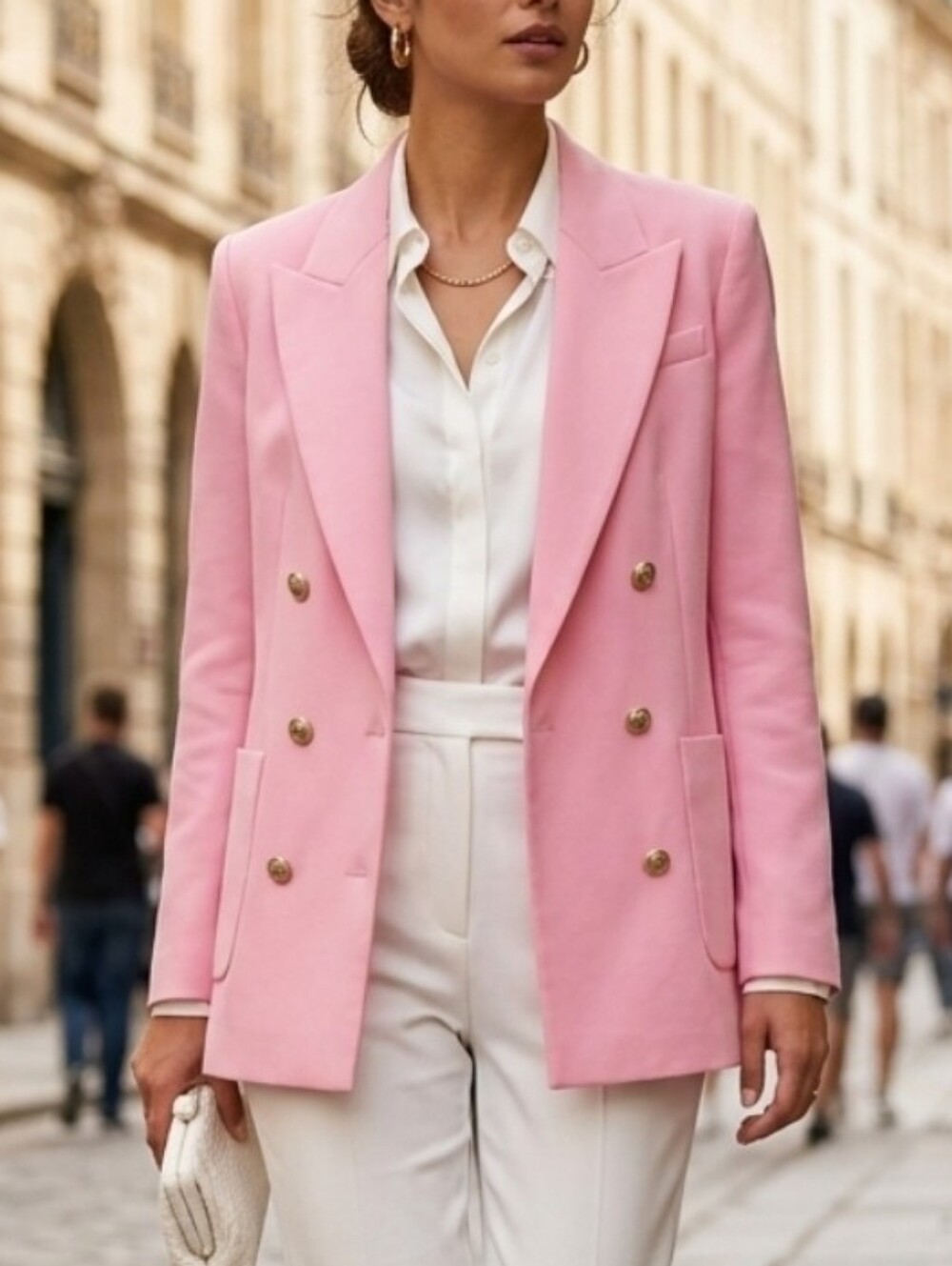 Pink Blazer Jacket Double-Breasted Elegant Oversized Look Gold Buttons Accent